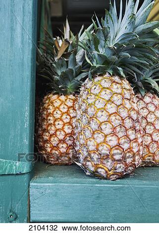 Stock Image - Pineapples displayed in the window of a fruit store by the road; murwillumba new south wales australia. Fotosearch