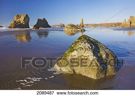 Stock Photo - Rock formations at low tide on bandon beach; oregon, united states of america. Fotosearch