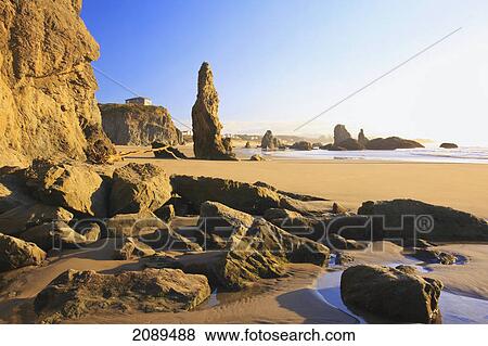 Rock formations at low tide on bandon beach; oregon, united states of america View Large Photo Image Stock Photo - Rock formations at low tide on bandon beach; oregon, united states of america. Fotosearch