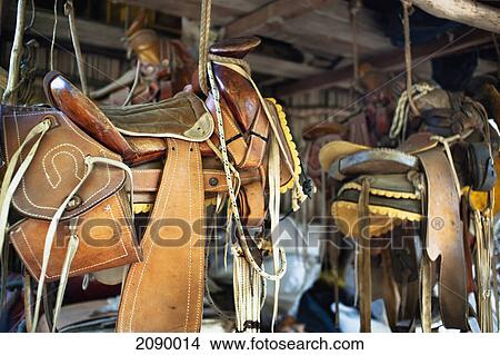 Picture - Saddles hung from the ceiling; yelapa, jalisco, mexico. Fotosearch