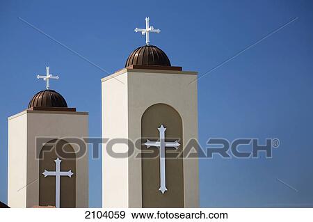 Two coptic orthodox church towers with blue sky; alberta canada View Large Photo Image Stock Photo - Two coptic orthodox church towers with blue sky; alberta canada. Fotosearch