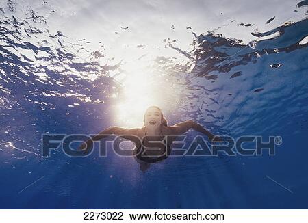 Stock Image - A woman swimming in a swimming pool; tarifa cadiz andalusia spain. Fotosearch