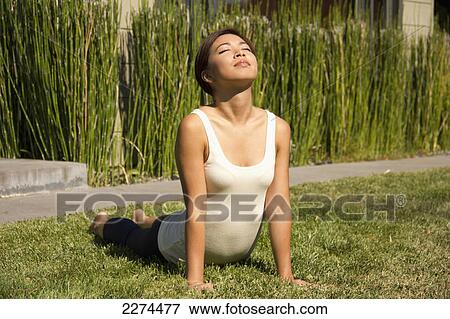 A young woman in a yoga cobra posture; berkeley california united states of america View Large Photo Image Stock Photo - A young woman in a yoga cobra posture; berkeley california united states of america. Fotosearch