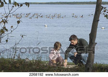 Stock Image - Father and daughter on the shoreline of lake winnipeg with canada geese in the background; winnipeg manitoba canada. Fotosearch
