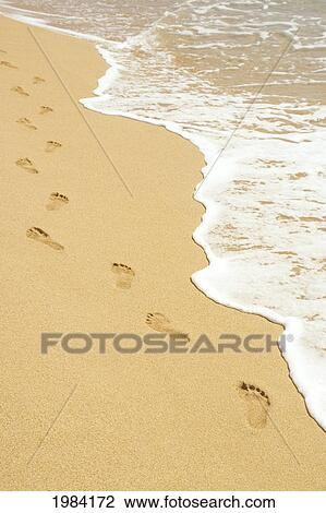 Stock Image - Footprints In Sand Walking Next To Foamy Ocean Edge.. Fotosearch
