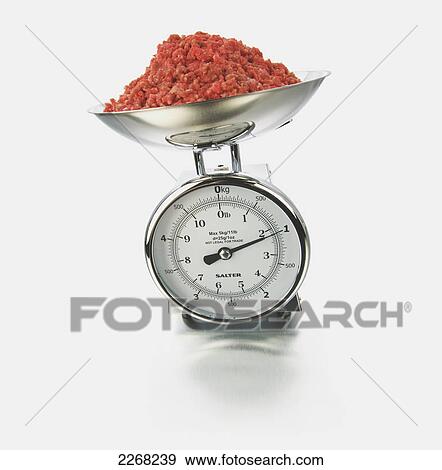 Stock Photo - Ground beef on a scale. Fotosearch