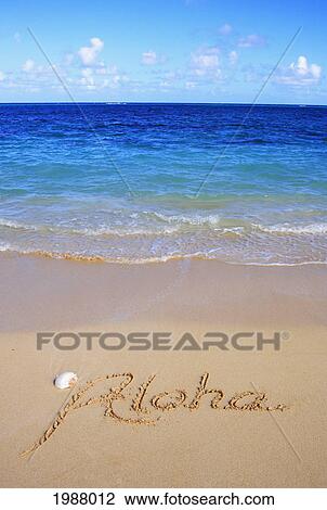 Stock Image - Hawaii, Turquoise Ocean Waters, Foaming Shore Water, Seashell, Aloha Written In Sand. Fotosearch