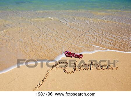 Hawaii, Turquoise Ocean Waters, Foaming Shore Water, Orchid Lei, Aloha Written In Sand View Large Photo Image Stock Photograph - Hawaii, Turquoise Ocean Waters, Foaming Shore Water, Orchid Lei, Aloha Written In Sand. Fotosearch