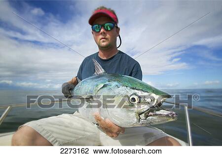Stock Image - Man holding a false albacore tuna off the coast of north carolina; north carolina united states of america. Fotosearch