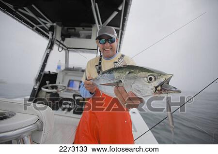 Stock Image - Man holding false albacore tuna; montauk new york united states of america. Fotosearch