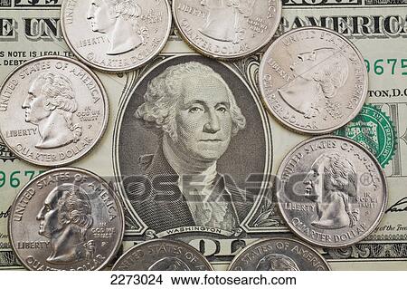 Portrait Of George Washington On A Us One Dollar Bill And Coins Picture 2273024 Fotosearch