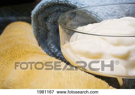Spa Elements, Glass Bowl Filled With White Cream, With Towel And Natural Loofah. View Large Photo Image Stock Photo - Spa Elements, Glass Bowl Filled With White Cream, With Towel And Natural Loofah.. Fotosearch