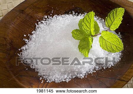 Spa Elements, Koa Bowl Filled With Raw Salt, Garnished With A Sprig Of Mint. View Large Photo Image Stock Photography - Spa Elements, Koa Bowl Filled With Raw Salt, Garnished With A Sprig Of Mint.. Fotosearch
