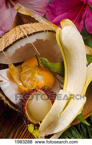 Stock Photo - Studio Shot Of A Cracked Coconut, A Peeled Tangerine, A Peeled Banana And An Open Rambuten.. Fotosearch