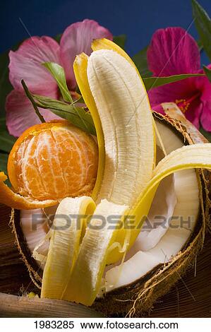 Studio Shot Of A Cracked Coconut, A Peeled Tangerine And A Peeled Banana. View Large Photo Image Stock Photography - Studio Shot Of A Cracked Coconut, A Peeled Tangerine And A Peeled Banana.. Fotosearch