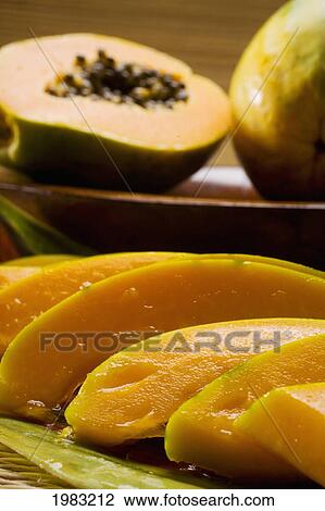 Stock Image - Studio Shot Of Papaya, Whole And In Slices.. Fotosearch