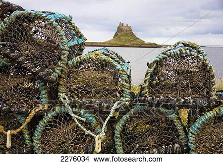 Traps piled on the water's edge with lindisfarne castle in the distance; lindisfarne northumberland england View Large Photo Image Picture - Traps piled on the water's edge with lindisfarne castle in the distance; lindisfarne northumberland england. Fotosearch