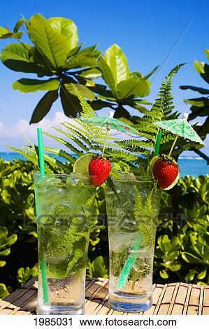 Tropical Cocktails Garnished With Fruit And Green Fern Leaves In Outdoor Setting. View Large Photo Image Stock Image - Tropical Cocktails Garnished With Fruit And Green Fern Leaves In Outdoor Setting.. Fotosearch