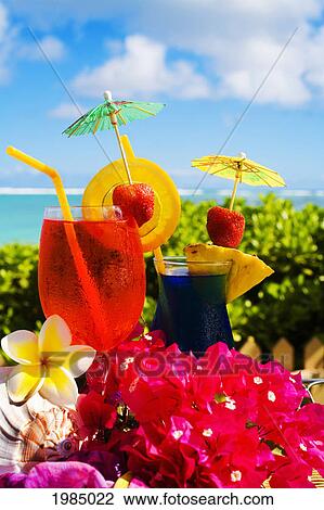 Tropical Cocktails Garnished With Flowers And Fruit In Outdoor Setting. View Large Photo Image Stock Image - Tropical Cocktails Garnished With Flowers And Fruit In Outdoor Setting.. Fotosearch