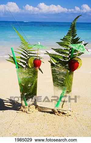 Tropical Cocktails On The Beach Garnished With Fruit And Green Fern Leaves. View Large Photo Image Stock Photo - Tropical Cocktails On The Beach Garnished With Fruit And Green Fern Leaves.. Fotosearch