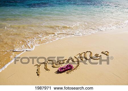Stock Image - Turquoise Ocean, Foaming Shore Water, Orchid Lei, Marry Me Written In Sand. Fotosearch