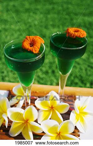 Two Tropical Cocktails Garnished With Flowers In Outdoor Setting. View Large Photo Image Stock Photo - Two Tropical Cocktails Garnished With Flowers In Outdoor Setting.. Fotosearch