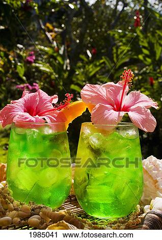 Stock Image - Two Tropical Drinks Garnished With Flowers In An Outdoor Setting.. Fotosearch