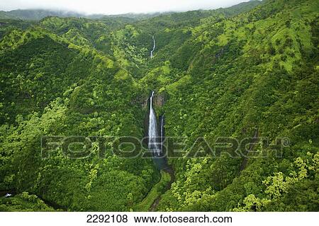 A stream and waterfall flowing through the mountains covered with lush green trees; Hawaii united states of america View Large Photo Image Stock Photo - A stream and waterfall flowing through the mountains covered with lush green trees; Hawaii united states of america. Fotosearch