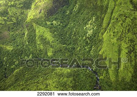 Aerial view of a stream flowing through a lush green landscape; Hawaii united states of america View Large Photo Image Stock Image - Aerial view of a stream flowing through a lush green landscape; Hawaii united states of america. Fotosearch