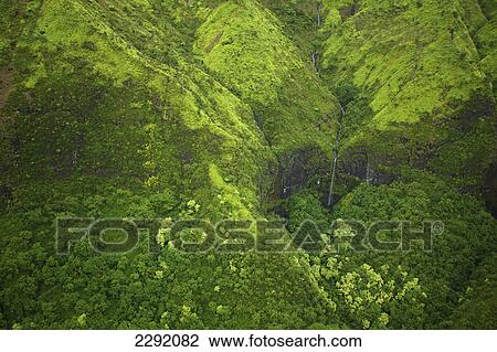 Stock Image - Aerial view of a stream flowing through a lush green landscape; Hawaii united states of america. Fotosearch