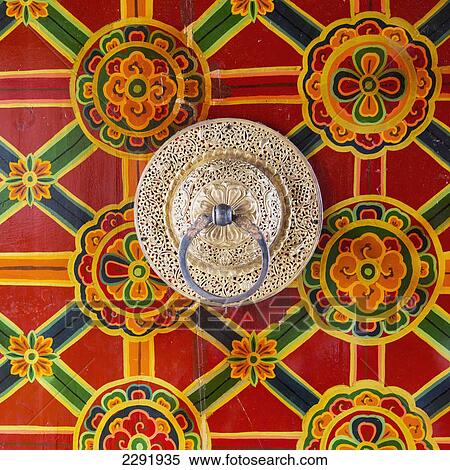 Stock Photography - Colourful door with floral design and handle at jokhang temple; Lhasa xizang china. Fotosearch