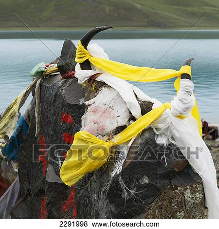 Stock Photo - Colourful fabric tied to a rock formation and horns on the water's edge of sacred lake; Shannan xizang china. Fotosearch