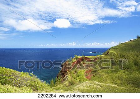 View of the ocean from a grass covered cliff on the shore along the coast of an hawaiian island; Hawaii united states of america View Large Photo Image Picture - View of the ocean from a grass covered cliff on the shore along the coast of an hawaiian island; Hawaii united states of america. Fotosearch