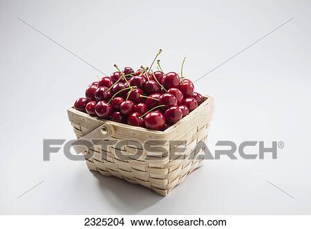 Picture - A basket of cherries on a white background. Fotosearch