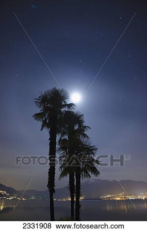 Stock Photo - A full moon above lake maggiore with the lights of the buildings illuminating the shoreline; Locarno ticino switzerland. Fotosearch