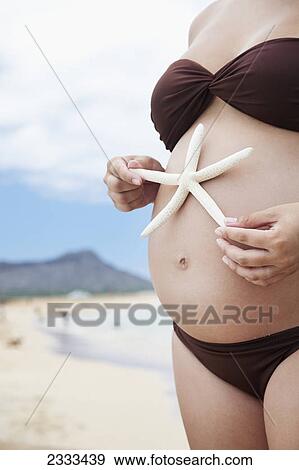 Stock Photo - A pregnant woman in a bikini holding a starfish on her bare belly; Honolulu hawaii united states of america. Fotosearch