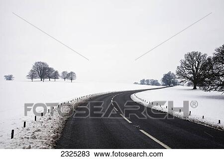 Stock Image - A road going through chatwsorth park in winter; Derbyshire england. Fotosearch