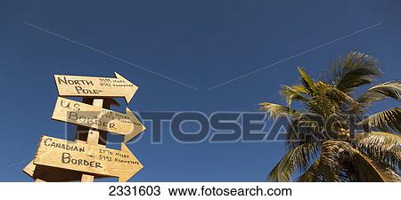 Stock Image - A sign shows how far distances are from a beach; Puerto vallarta mexico. Fotosearch