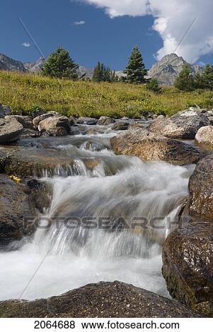 A Waterfall Flows Through An Alpine Meadow, Skyline Trail, Jasper National Park, Alberta, Canada. View Large Photo Image Stock Photo - A Waterfall Flows Through An Alpine Meadow, Skyline Trail, Jasper National Park, Alberta, Canada.. Fotosearch