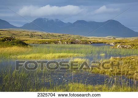 Picture - Boglake with twelve bens in the distance in connemara; County galway ireland. Fotosearch