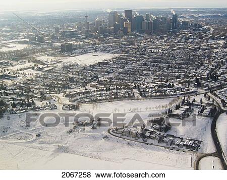 Stock Photo - Calgary Downtown In Winter, As Seen From Airplane Window.. Fotosearch