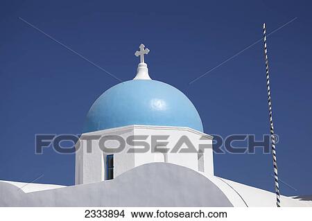 Picture - Cycladic dome in traditional Santorini blue & white; Imerovigli, Cyclades, Greece. Fotosearch