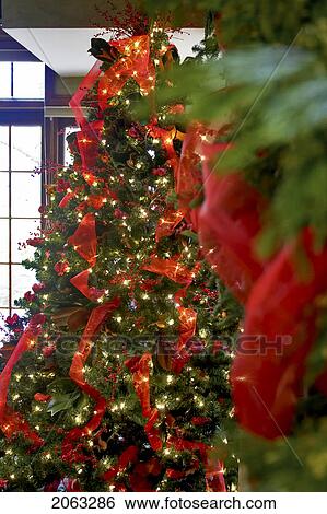 Decorated Christmas Tree With Red Ribbon And Lights Canada