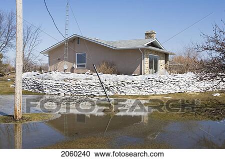 Stock Image - Dyke Of Sandbags Around Rural Home To Protect From Red River Floodwaters, Rural Manitoba. Fotosearch