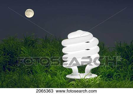 Stock Image - Energy-Saving Light Bulb And Full Moon.. Fotosearch