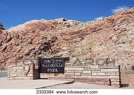 Picture - Entrance sign to arches national park; Utah united states of america. Fotosearch
