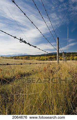 Stock Photograph - Fence Through Rural Farmland With Snowcapped Mountains In The Background, Clinton, Bc, Canada. Fotosearch