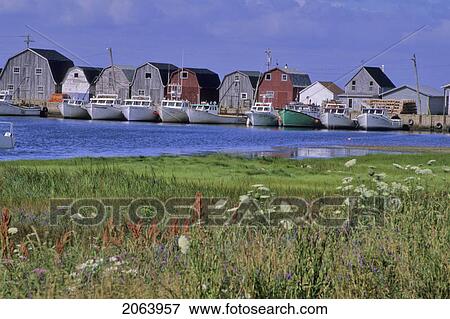 Stock Photo - Fishing Shacks Line The Bay At Malpeque Harbour, Pei. Fotosearch
