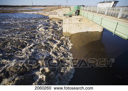 Stock Image - Flood Gates At South Portion Of Red River Floodway, Winnipeg, Manitoba. Fotosearch