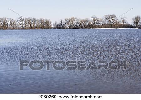 Stock Photo - Floodwaters From Red River Make Field Look Like A Lake, Rural Manitoba. Fotosearch